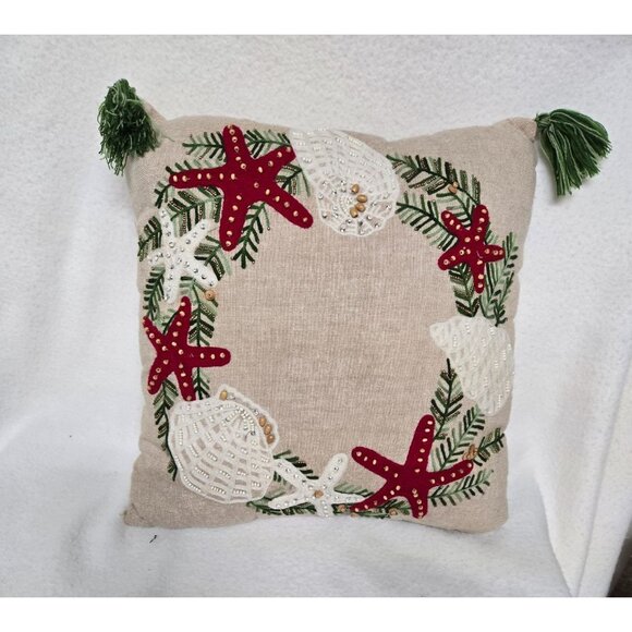 Coastal-Themed Embroidered Linen Throw Pillow with Tassels & Shell Design - Picture 5 of 10